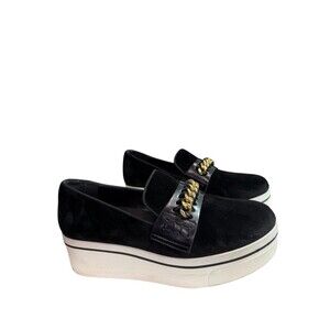 Black Platform Slip-On Loafers with Gold Chain Detail
